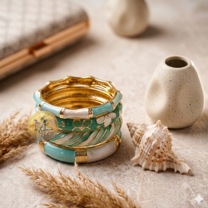 بنگل استیل میناکاری سبز فیروزه ای